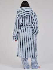 Loungeable Blue Pinstripe Cosy Borg Fleece Midi Hooded Dressing Gown - Image 2 of 4