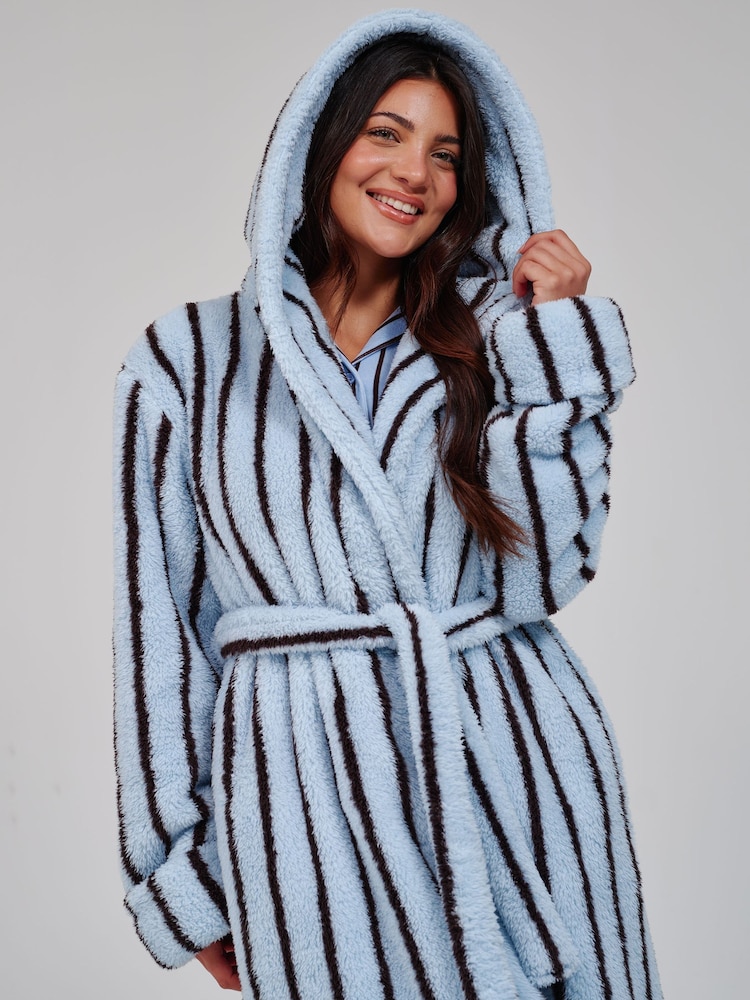 Loungeable Blue Pinstripe Cosy Borg Fleece Midi Hooded Dressing Gown - Image 4 of 4 Loungeable Blue Pinstripe Cosy Borg Fleece Midi Hooded Dressing Gown - Image 4 of 4