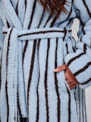 Loungeable Blue Pinstripe Cosy Borg Fleece Midi Hooded Dressing Gown - Image 5 of 5