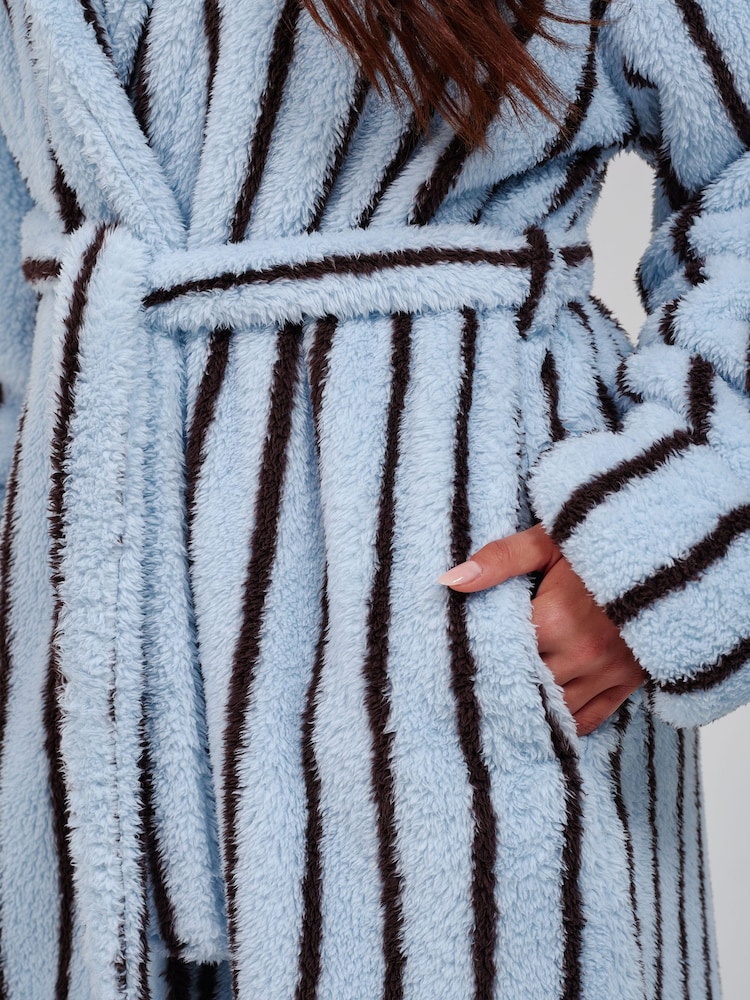Loungeable Blue Pinstripe Cosy Borg Fleece Midi Hooded Dressing Gown - Image 5 of 5 Loungeable Blue Pinstripe Cosy Borg Fleece Midi Hooded Dressing Gown - Image 5 of 5