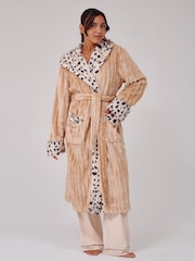 Loungeable Brown Leopard Faux Fur Trim Luxury Ridge Fleece Midi Hooded Dressing Gown - Image 1 of 5