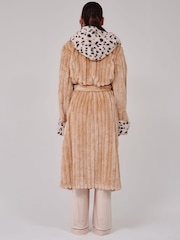 Loungeable Brown Leopard Faux Fur Trim Luxury Ridge Fleece Midi Hooded Dressing Gown - Image 3 of 5