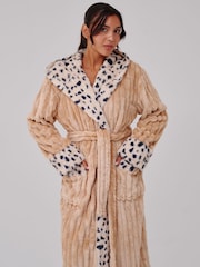 Loungeable Brown Leopard Faux Fur Trim Luxury Ridge Fleece Midi Hooded Dressing Gown - Image 4 of 5