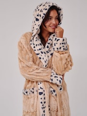 Loungeable Brown Leopard Faux Fur Trim Luxury Ridge Fleece Midi Hooded Dressing Gown - Image 5 of 5