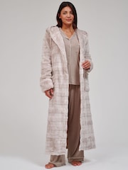 Loungeable Brown Embossed Stripe Luxury Fleece Maxi Hooded Dressing Gown - Image 1 of 5