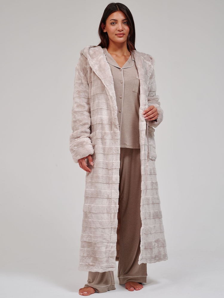 Loungeable Brown Embossed Stripe Luxury Fleece Maxi Hooded Dressing Gown - Image 1 of 5 Loungeable Brown Embossed Stripe Luxury Fleece Maxi Hooded Dressing Gown - Image 1 of 5