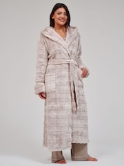 Loungeable Brown Embossed Stripe Luxury Fleece Maxi Hooded Dressing Gown - Image 2 of 5