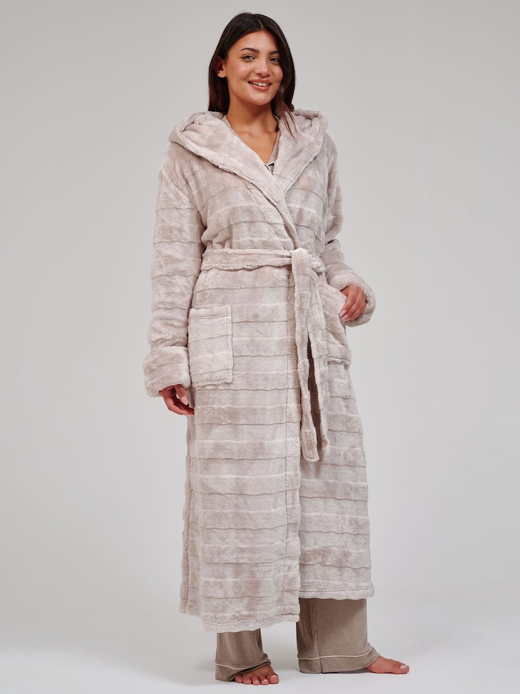 Loungeable Brown Embossed Stripe Luxury Fleece Maxi Hooded Dressing Gown - Image 2 of 5 Loungeable Brown Embossed Stripe Luxury Fleece Maxi Hooded Dressing Gown - Image 2 of 5