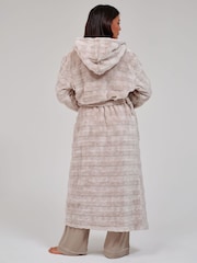 Loungeable Brown Embossed Stripe Luxury Fleece Maxi Hooded Dressing Gown - Image 4 of 5