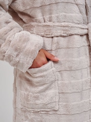 Loungeable Brown Embossed Stripe Luxury Fleece Maxi Hooded Dressing Gown - Image 5 of 5