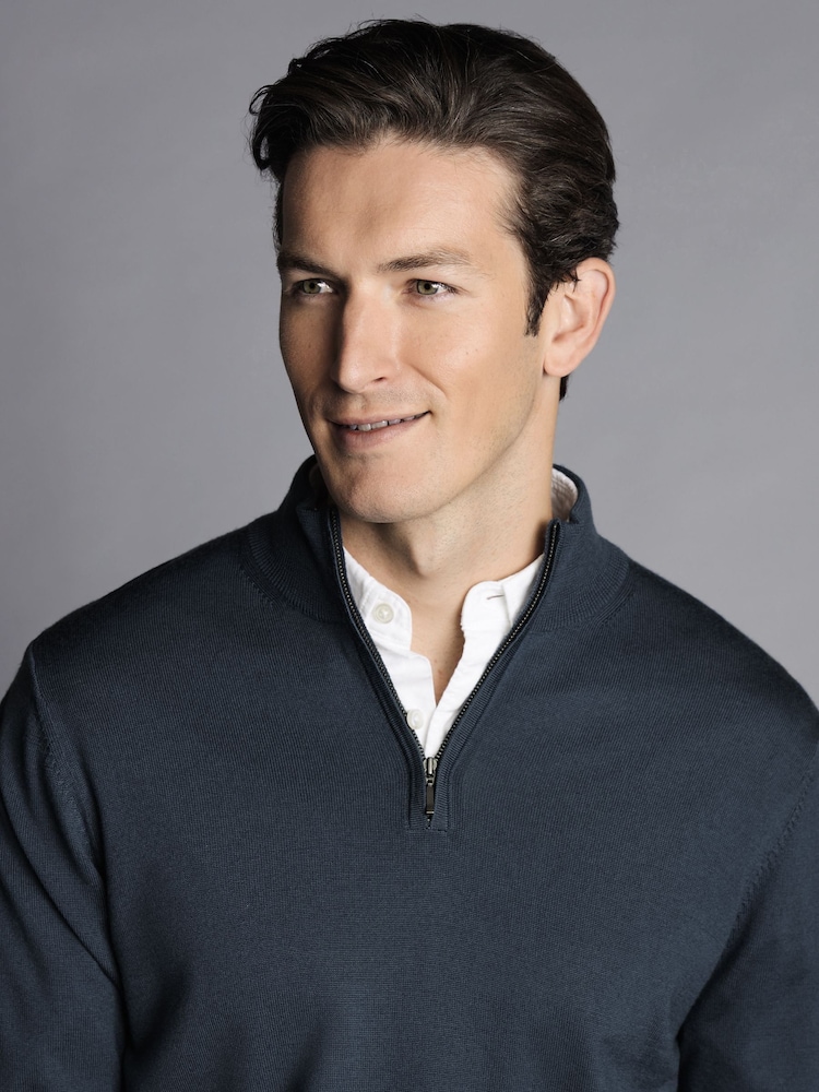 Charles Tyrwhitt Blue Merino Quarter Zip Jumper - Image 3 of 6