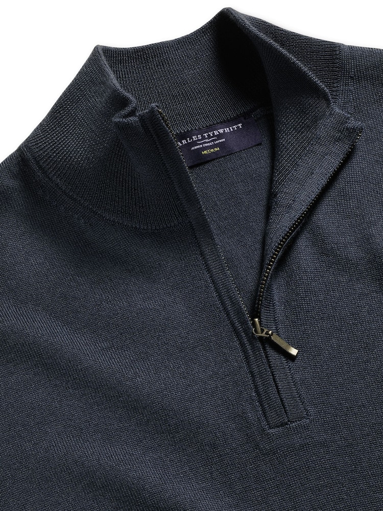 Charles Tyrwhitt Blue Merino Quarter Zip Jumper - Image 5 of 6