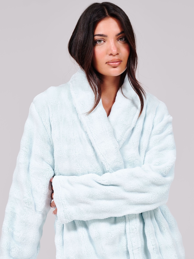 Loungeable Blue Bubble Cut Fleece Shawl Collar Midi Dressing Gown - Image 4 of 4