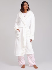 Loungeable White Faux Fur Trim Luxury Fleece Midi Hooded Dressing Gown - Image 1 of 6