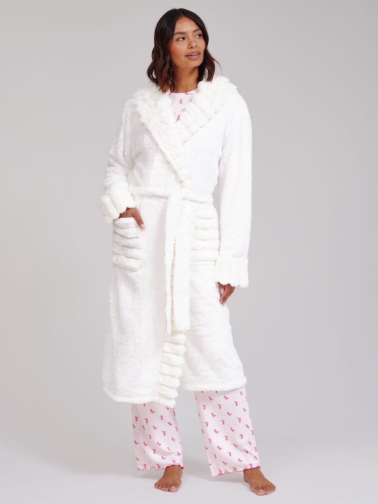 Loungeable White Faux Fur Trim Luxury Fleece Midi Hooded Dressing Gown - Image 1 of 6 Loungeable White Faux Fur Trim Luxury Fleece Midi Hooded Dressing Gown - Image 1 of 6