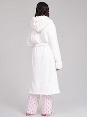 Loungeable White Faux Fur Trim Luxury Fleece Midi Hooded Dressing Gown - Image 2 of 6