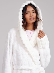 Loungeable White Faux Fur Trim Luxury Fleece Midi Hooded Dressing Gown - Image 3 of 6