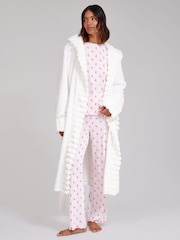 Loungeable White Faux Fur Trim Luxury Fleece Midi Hooded Dressing Gown - Image 4 of 6