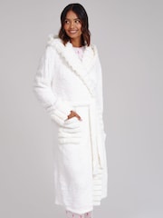 Loungeable White Faux Fur Trim Luxury Fleece Midi Hooded Dressing Gown - Image 6 of 6