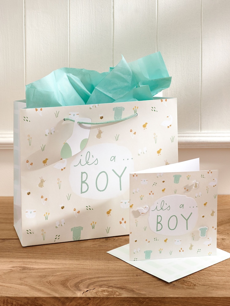 Soft Teal Baby Icons Gift Bag and Card Set - Image 1 of 3 Soft Teal Baby Icons Gift Bag and Card Set - Image 1 of 3