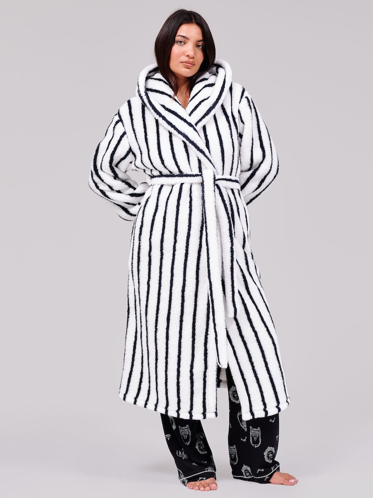 Loungeable White Pinstripe Cosy Borg Fleece Midi Hooded Dressing Gown - Image 1 of 5 Loungeable White Pinstripe Cosy Borg Fleece Midi Hooded Dressing Gown - Image 1 of 5