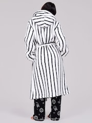 Loungeable White Pinstripe Cosy Borg Fleece Midi Hooded Dressing Gown - Image 2 of 5