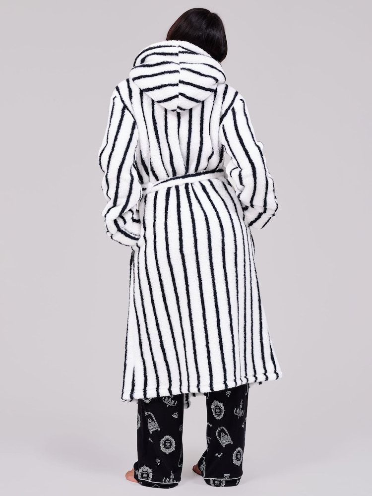 Loungeable White Pinstripe Cosy Borg Fleece Midi Hooded Dressing Gown - Image 2 of 5 Loungeable White Pinstripe Cosy Borg Fleece Midi Hooded Dressing Gown - Image 2 of 5