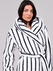 Loungeable White Pinstripe Cosy Borg Fleece Midi Hooded Dressing Gown - Image 4 of 5