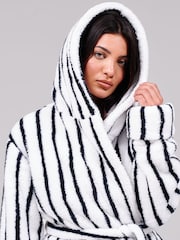 Loungeable White Pinstripe Cosy Borg Fleece Midi Hooded Dressing Gown - Image 5 of 5