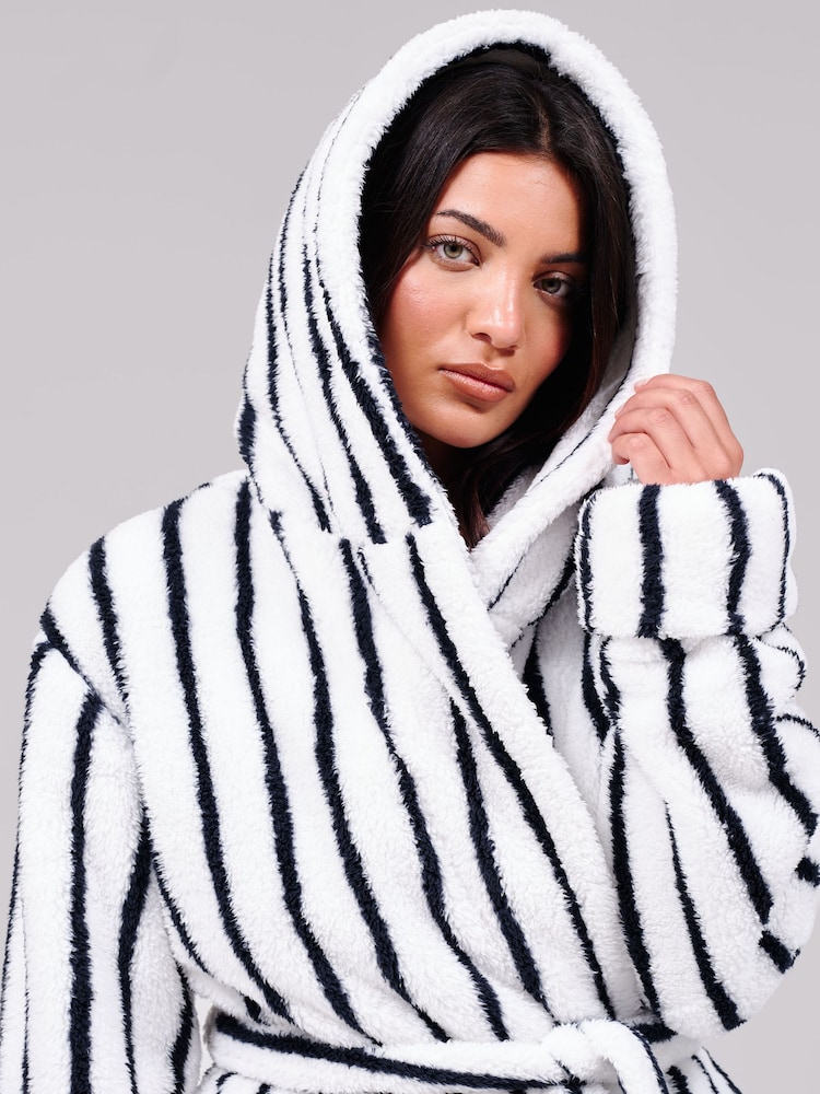 Loungeable White Pinstripe Cosy Borg Fleece Midi Hooded Dressing Gown - Image 5 of 5 Loungeable White Pinstripe Cosy Borg Fleece Midi Hooded Dressing Gown - Image 5 of 5