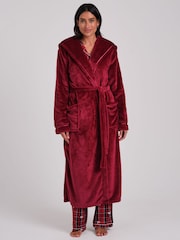 Loungeable Red Ribbon Trim Luxury Fleece Hooded Maxi Robe - Image 1 of 6