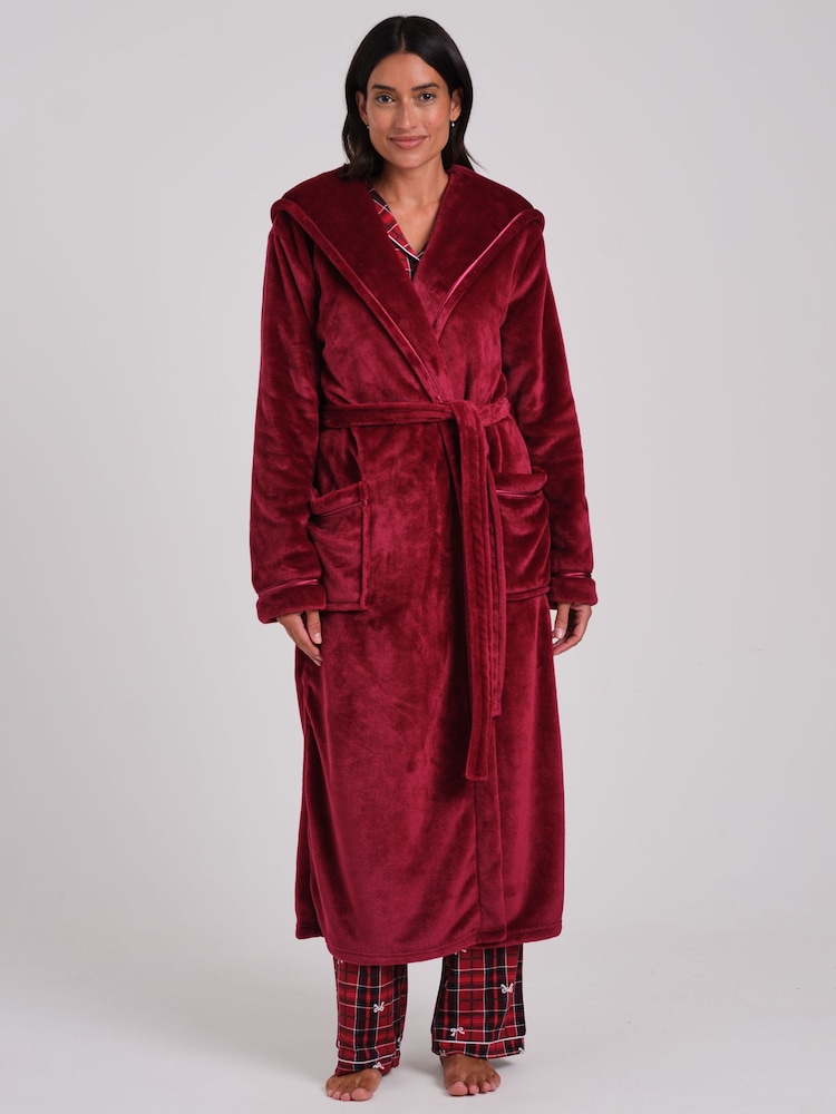 Loungeable Red Ribbon Trim Luxury Fleece Hooded Maxi Robe - Image 1 of 6 Loungeable Red Ribbon Trim Luxury Fleece Hooded Maxi Robe - Image 1 of 6