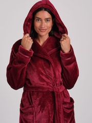 Loungeable Red Ribbon Trim Luxury Fleece Hooded Maxi Robe - Image 5 of 6