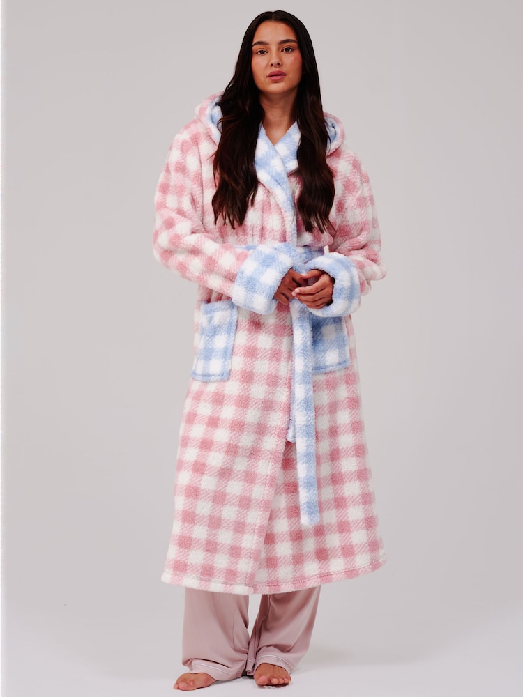 Loungeable Pink Gingham Contrast Cosy Borg Fleece Midi Hooded Dressing Gown - Image 1 of 6