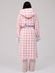 Loungeable Pink Gingham Contrast Cosy Borg Fleece Midi Hooded Dressing Gown - Image 2 of 6