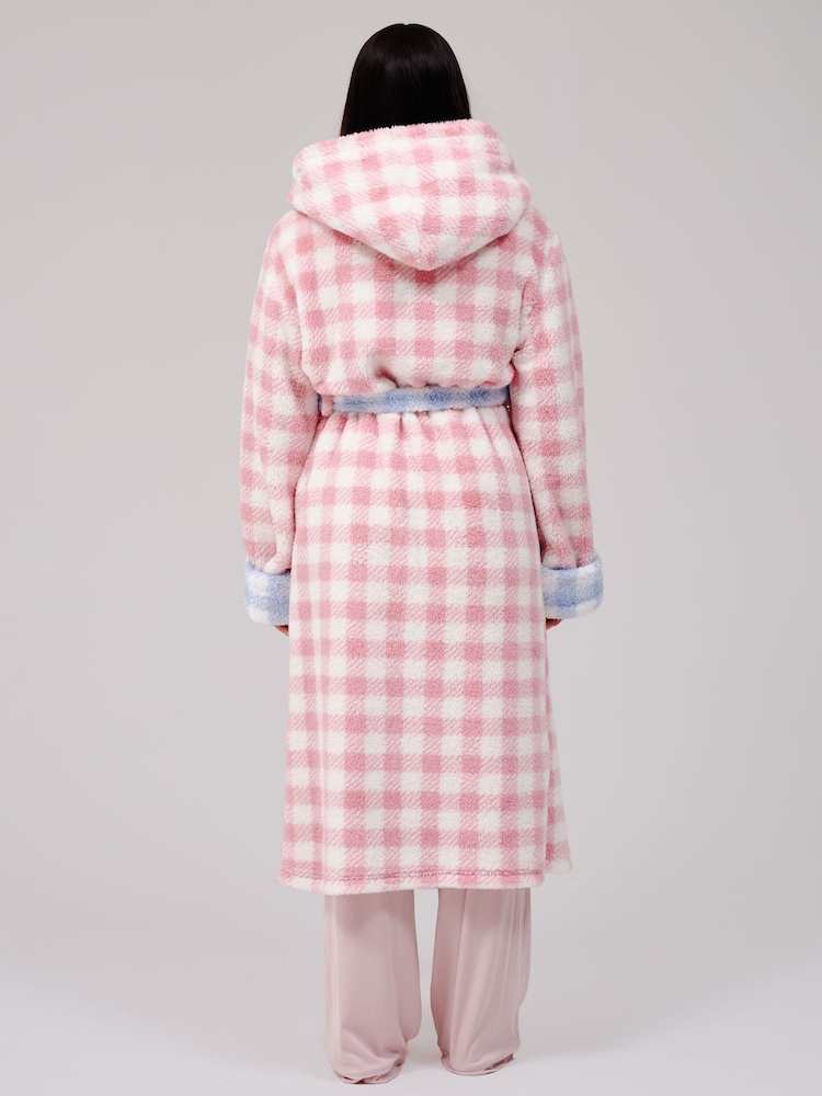 Loungeable Pink Gingham Contrast Cosy Borg Fleece Midi Hooded Dressing Gown - Image 2 of 6