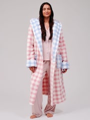 Loungeable Pink Gingham Contrast Cosy Borg Fleece Midi Hooded Dressing Gown - Image 3 of 6