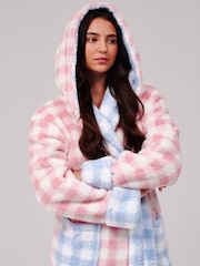 Loungeable Pink Gingham Contrast Cosy Borg Fleece Midi Hooded Dressing Gown - Image 4 of 6