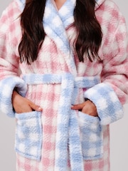Loungeable Pink Gingham Contrast Cosy Borg Fleece Midi Hooded Dressing Gown - Image 5 of 6