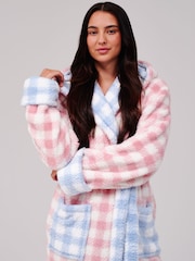 Loungeable Pink Gingham Contrast Cosy Borg Fleece Midi Hooded Dressing Gown - Image 6 of 6