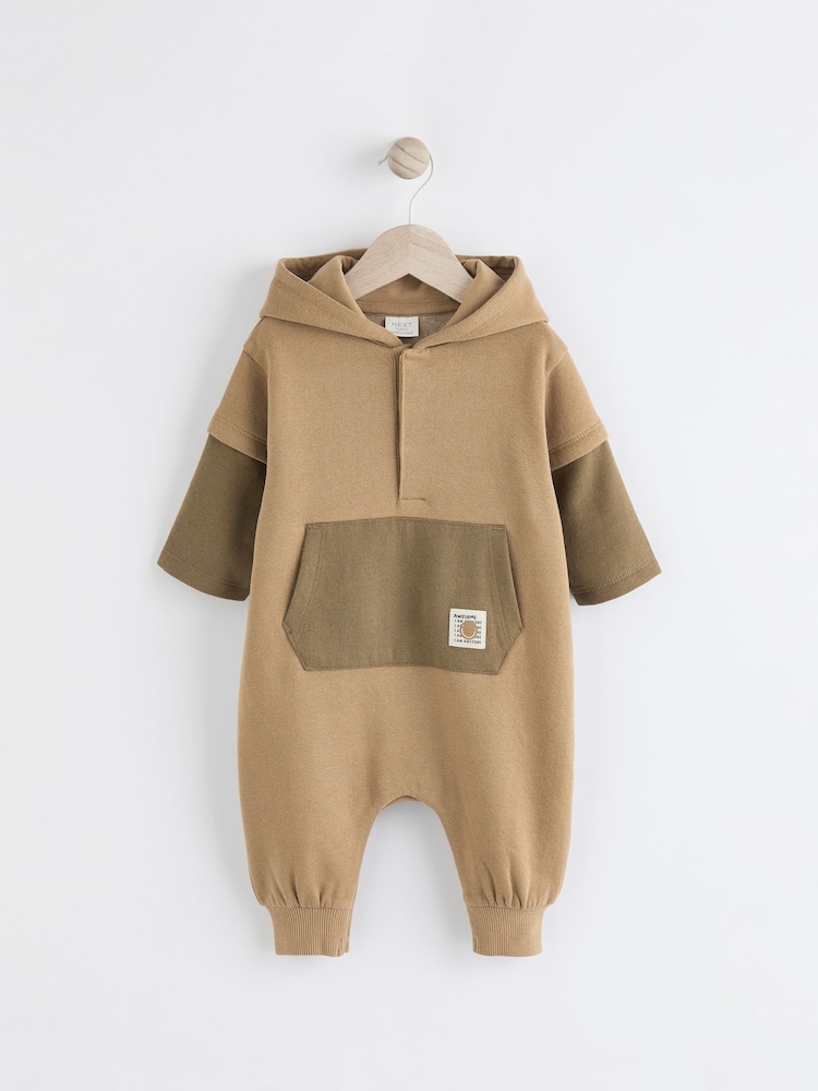 Khaki Green Sweat Hooded Baby Romper - Image 1 of 6