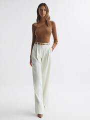 Reiss Camel Sasha Fitted Ribbed Asymmetric Neck T-Shirt - Image 1 of 4
