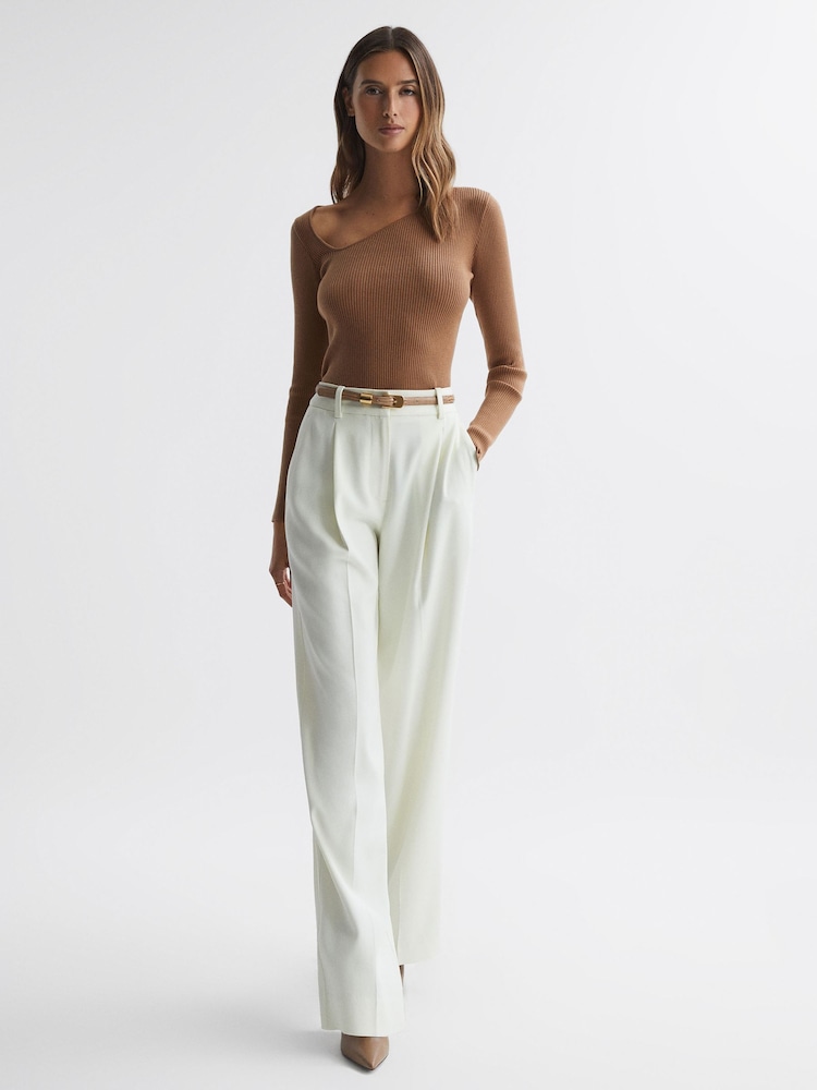 Reiss Camel Sasha Fitted Ribbed Asymmetric Neck T-Shirt - Image 1 of 4
