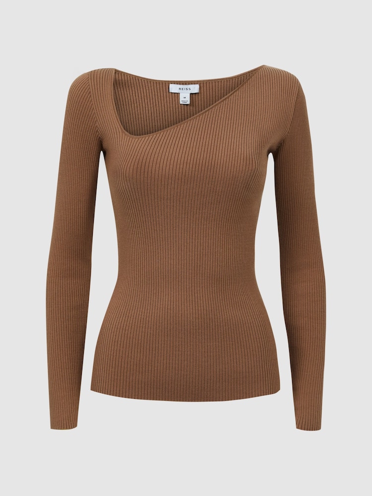 Reiss Camel Sasha Fitted Ribbed Asymmetric Neck T-Shirt - Image 2 of 4