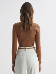 Reiss Camel Sasha Fitted Ribbed Asymmetric Neck T-Shirt - Image 4 of 4