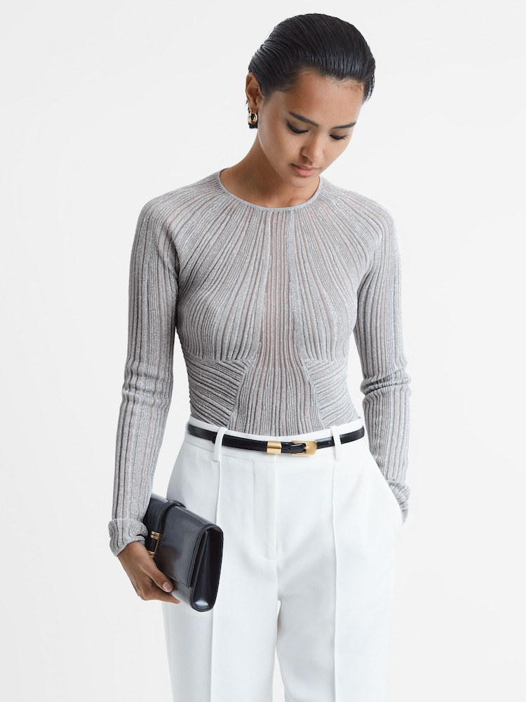 Reiss Silver Isobel Metallic Sheer Striped Top - Image 1 of 5