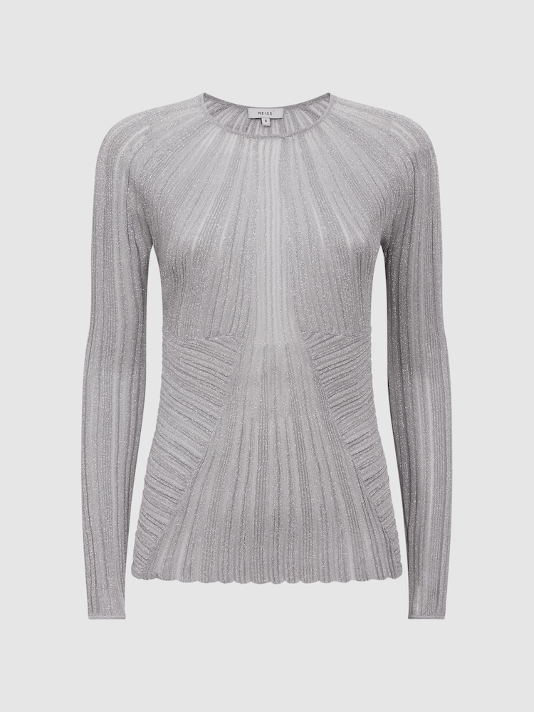 Reiss Silver Isobel Metallic Sheer Striped Top - Image 2 of 5
