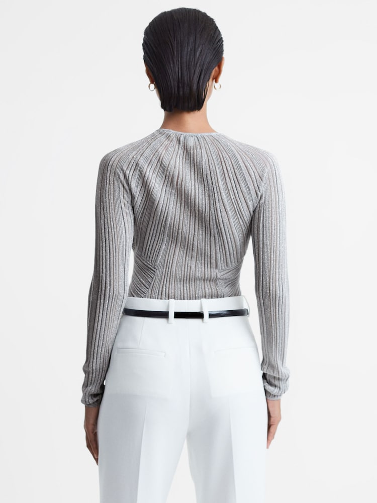 Reiss Silver Isobel Metallic Sheer Striped Top - Image 5 of 5