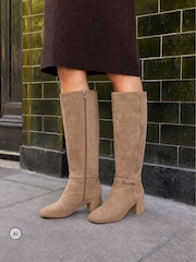Novo Brown Standard Fit Goldie Block Heel Buckle Detail Knee Boots - Image 1 of 6