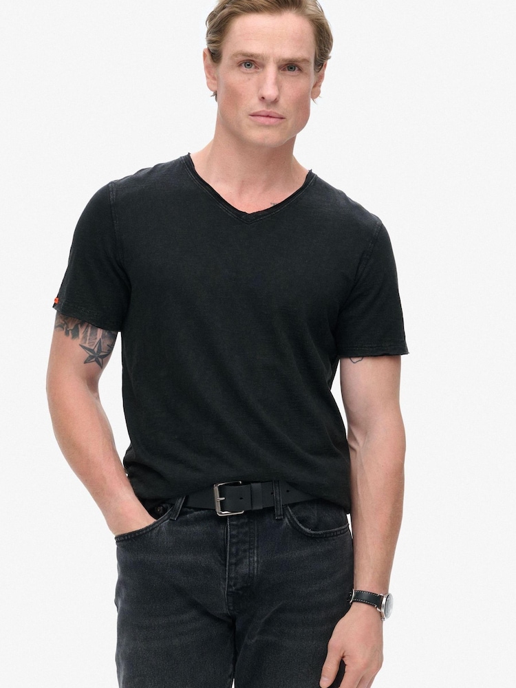 Superdry Black 100% Cotton Raw Edge Slub V T-Shirt - Image 1 of 5